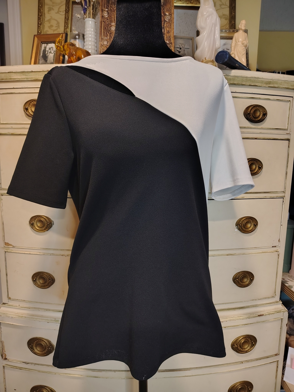 Calvin Klein Black & White Asymmetrical Cutout Top